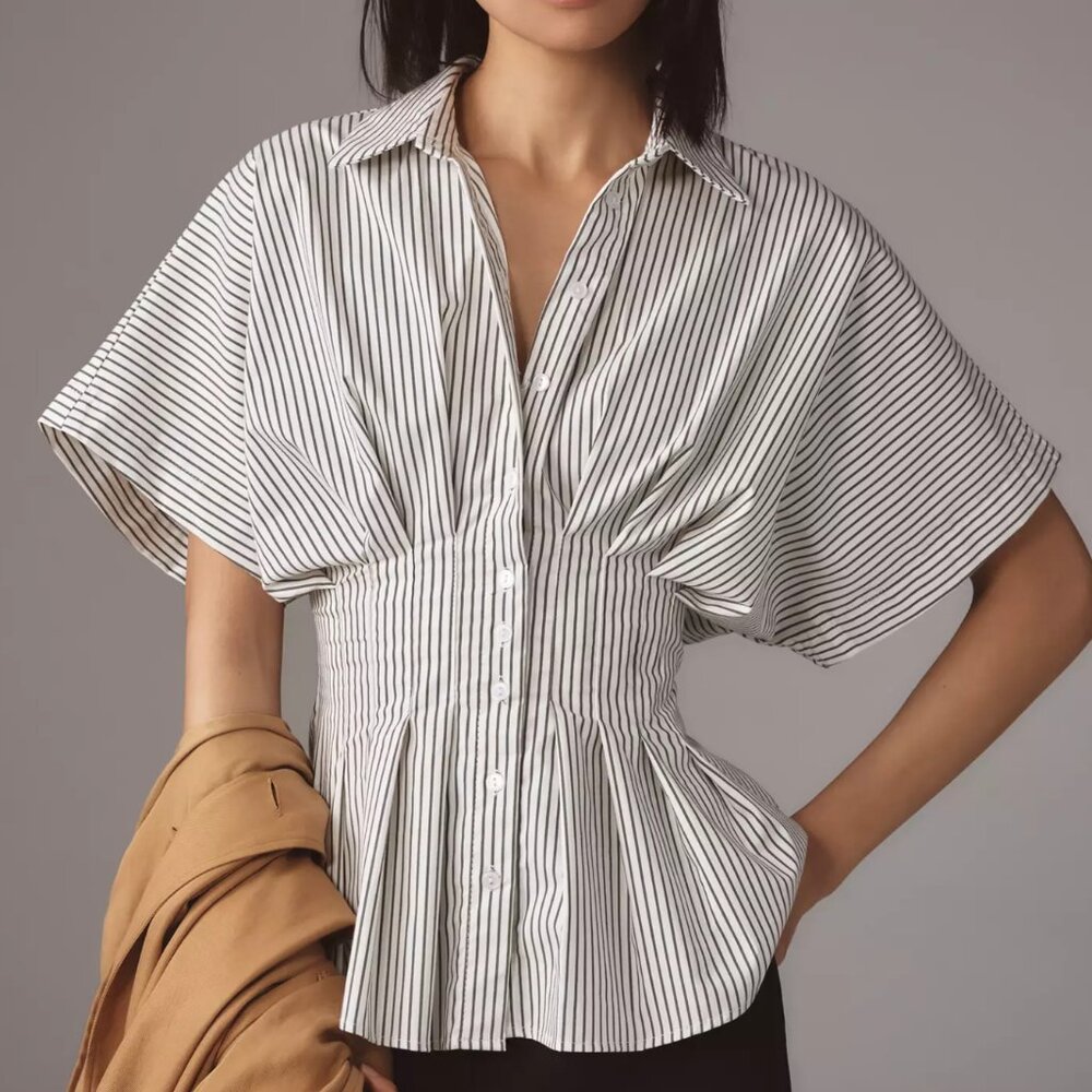 Anthropologie Black and White Striped Cinched Waist Button-Up Top